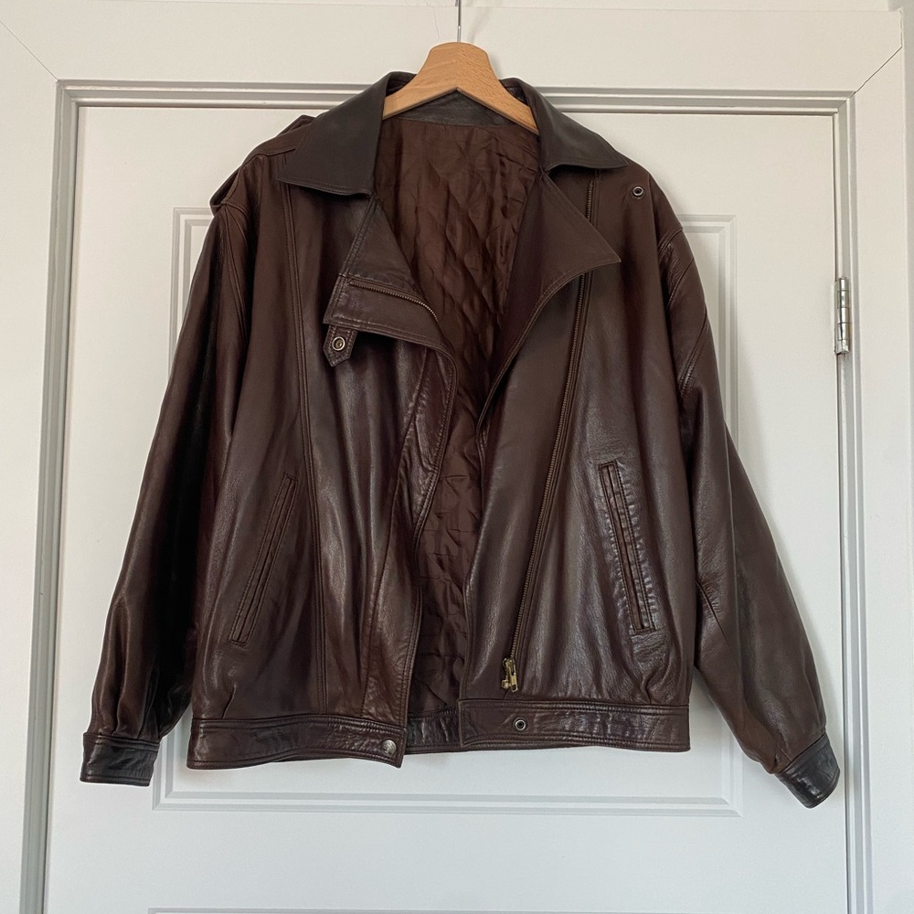 Brown Leather Bomber Jacket with Quilted Interior